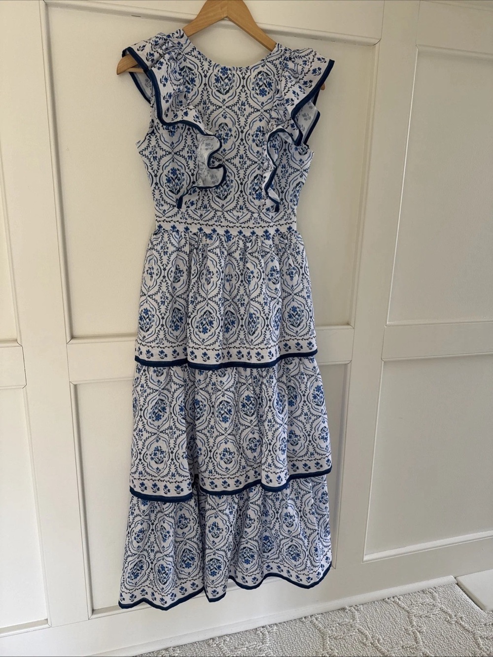 Angie White Midi Dress with Blue Floral Pattern and Ruffle Trim